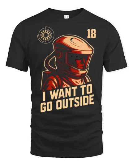 Intriguing I Want To Go Outside Astronaut Graphic Tee - black t-shirt on white background