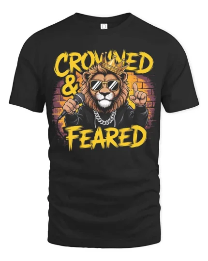 Crowned and Feared Lion Hip Hop Graphic Tee - black t-shirt on white background