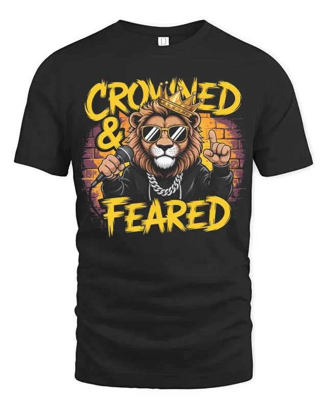 Crowned and Feared Lion Hip Hop Graphic Tee - black t-shirt on white background