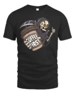 Grim Reaper Coffee First Daily Routine Graphic Tee - black t-shirt on white background