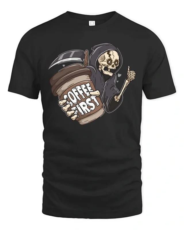 Grim Reaper Coffee First Daily Routine Graphic Tee - black t-shirt on white background