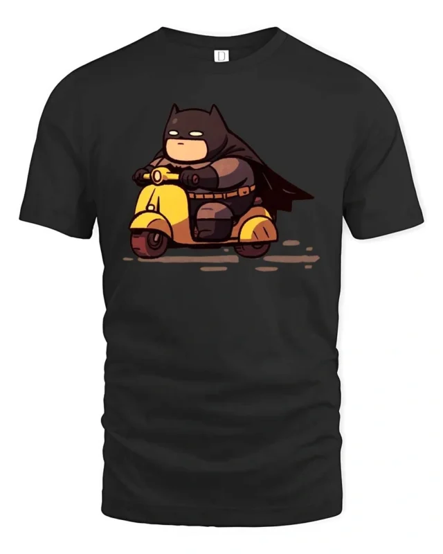 Chibi Hero Yellow Scooter Ride Graphic Tee - black t-shirt on white background