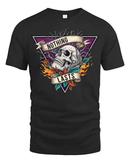 Gothic Nothing Lasts Dark Skull Purple Triangle Graphic Tee - black t-shirt on white background