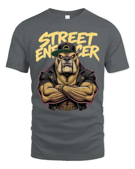 Aggressive Street Enforcer Bulldog Biker Graphic Tee - gray t-shirt on white background