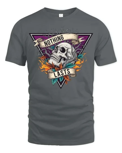 Gothic Nothing Lasts Dark Skull Purple Triangle Graphic Tee - gray t-shirt on white background