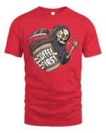 Grim Reaper Coffee First Daily Routine Graphic Tee - red t-shirt on white background