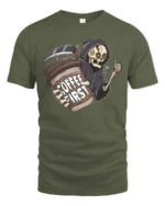 Grim Reaper Coffee First Daily Routine Graphic Tee - military green t-shirt on white background