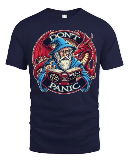 Spells For Dummies Don’t Panic Wizard Dragon Graphic Tee - navy t-shirt on white background