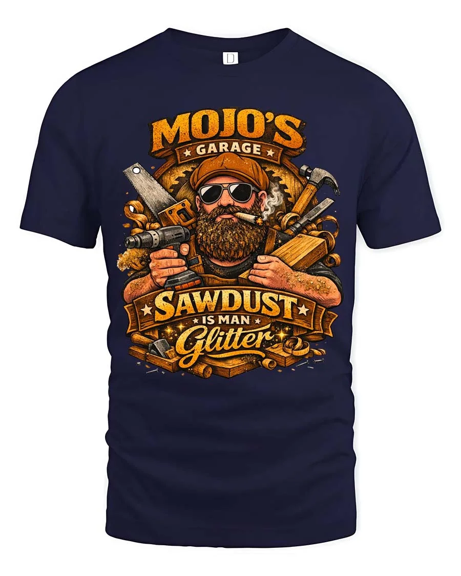 Mojo’s Garage Sawdust Is Man Glitter Soft Tshirt - 1 Mojo’s Garage Sawdust Is Man Glitter Soft Tshirt - navy t-shirt on white background