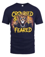 Crowned and Feared Lion Hip Hop Graphic Tee - navy t-shirt on white background