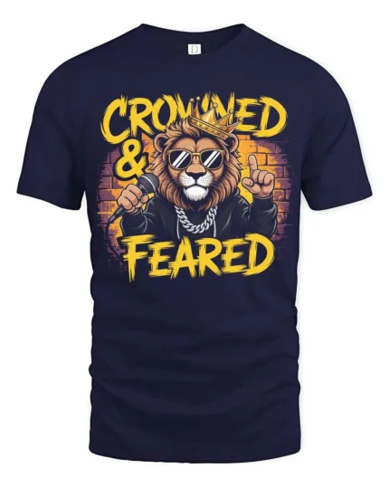 Crowned and Feared Lion Hip Hop Graphic Tee - navy t-shirt on white background