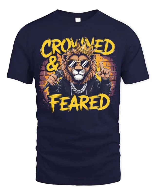 Crowned and Feared Lion Hip Hop Graphic Tee - navy t-shirt on white background