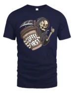 Grim Reaper Coffee First Daily Routine Graphic Tee - navy t-shirt on white background