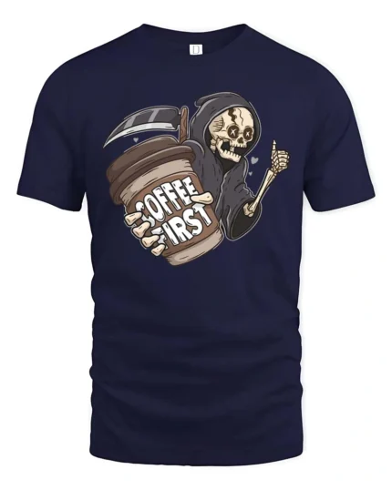 Grim Reaper Coffee First Daily Routine Graphic Tee - navy t-shirt on white background