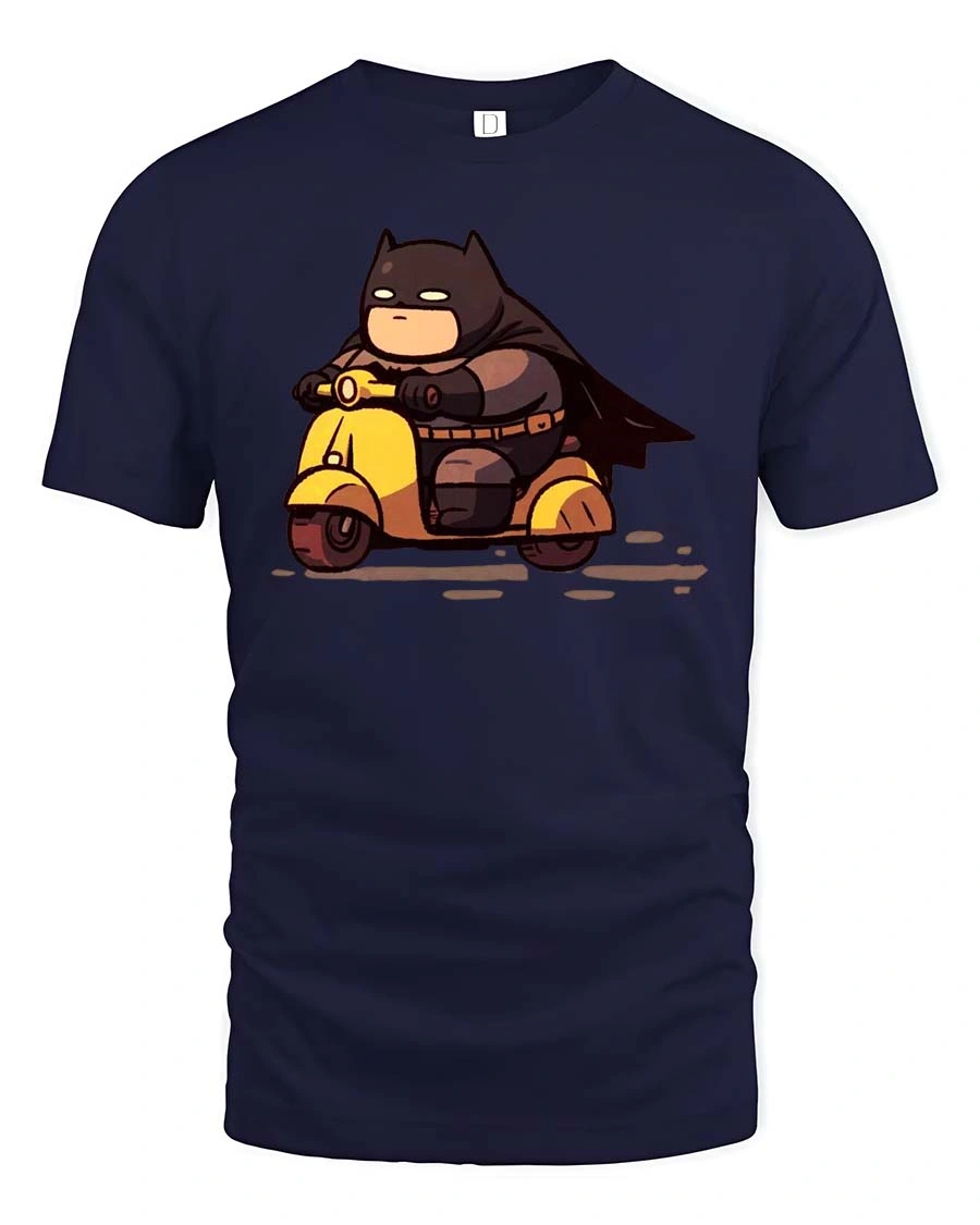 Chibi Hero Yellow Scooter Ride Graphic Tee - 1 Chibi Hero Yellow Scooter Ride Graphic Tee - navy t-shirt on white background