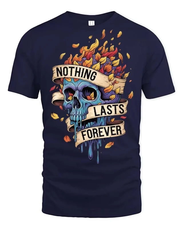Gothic Nothing Lasts Forever Melting Skull Graphic Tee - navy t-shirt on white background