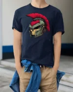 Spartan Skull Roman Helmet Warrior Graphic Tee - model wearing navy tee with hands in pockets