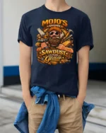 Mojo’s Garage Sawdust Is Man Glitter Soft Tshirt - model wearing navy tee with hands in pockets