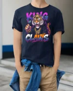 King Of Claws Tiger Crown Hip Hop Graphic Tee - model wearing navy tee with hands in pockets