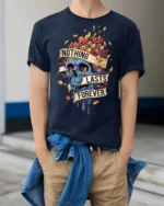Gothic Nothing Lasts Forever Melting Skull Graphic Tee - model wearing navy tee with hands in pockets