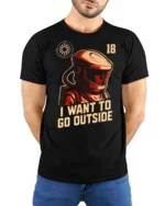 Intriguing I Want To Go Outside Astronaut Graphic Tee - model wearing black tee with hands behind back
