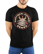 Adorable Emotional Support Demon Baphomet Cute Graphic Tee - model wearing black tee with hands behind back