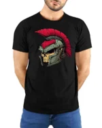Spartan Skull Roman Helmet Warrior Graphic Tee - model wearing black tee with hands behind back