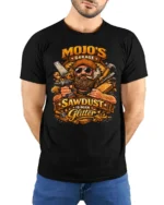 Mojo’s Garage Sawdust Is Man Glitter Soft Tshirt - model wearing black tee with hands behind back