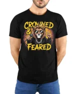 Crowned and Feared Lion Hip Hop Graphic Tee - model wearing black tee with hands behind back