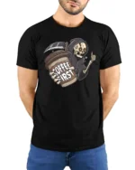 Grim Reaper Coffee First Daily Routine Graphic Tee - model wearing black tee with hands behind back