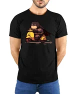Chibi Hero Yellow Scooter Ride Graphic Tee - model wearing black tee with hands behind back