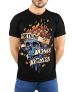 Gothic Nothing Lasts Forever Melting Skull Graphic Tee - model wearing black tee with hands behind back