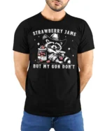 Entertaining Strawberry Jams But My Gun Dont Western Tshirt - model wearing black tee with hands behind back