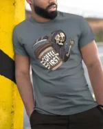 Grim Reaper Coffee First Daily Routine Graphic Tee - model wearing grey tee, leaning on column
