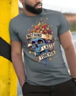 Gothic Nothing Lasts Forever Melting Skull Graphic Tee - model wearing grey tee, leaning on column