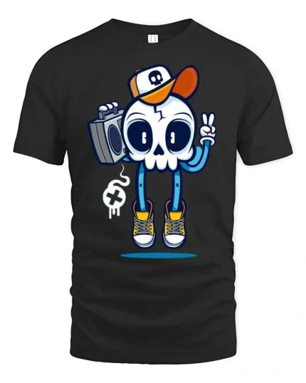 Groovy Boombox Skull B Boy Retro Hip Hop Style Graphic Tee - black t-shirt on white background