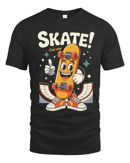 Rad Skater Boy Cartoon Skate 1959 Retro Graphic Tshirt - black t-shirt on white background