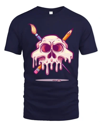 Melting Artist Skull Paintbrush Pencil Graphic Art Tshirt - navy t-shirt on white background