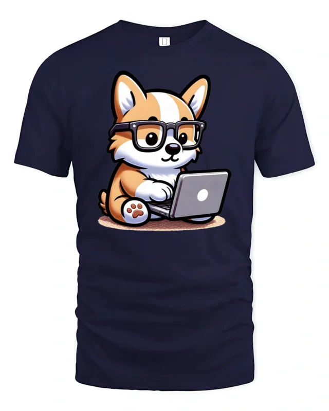 Smart Tech Corgi Puppy Coding Laptop Nerd Graphic Tshirt - navy t-shirt on white background