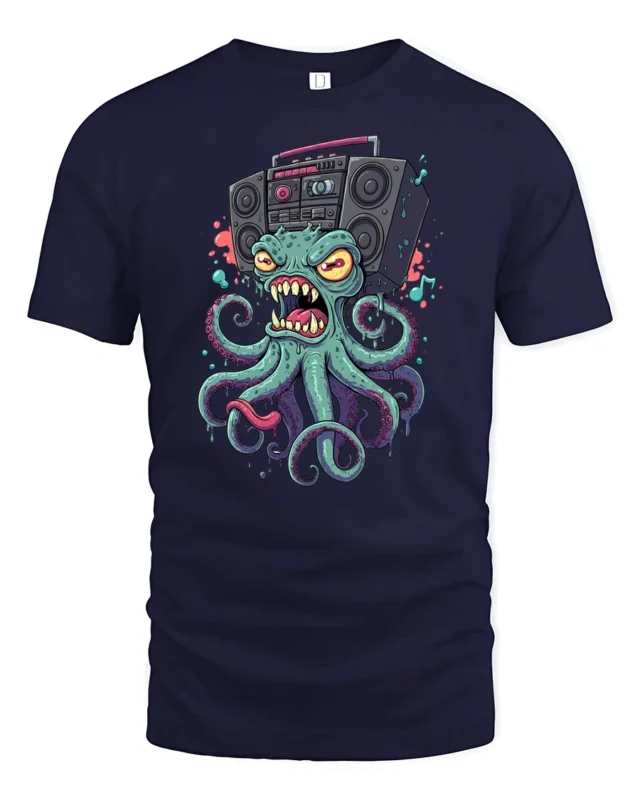Loud Octopus Retro Boombox Street Art Graphic Tshirt - navy t-shirt on white background