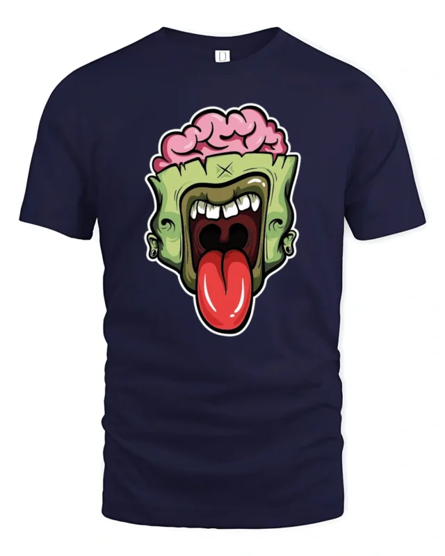 Brainy Undead Zombie Sticking Tongue Out Graphic Tshirt - navy t-shirt on white background