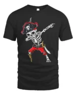Funny Caribbean Dabbing Pirate Skeleton Graphic Tee - black t-shirt on white background