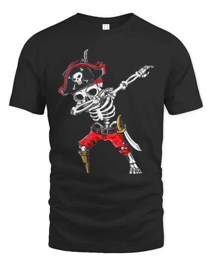 Funny Caribbean Dabbing Pirate Skeleton Graphic Tee - black t-shirt on white background