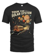 Educational Tour The Solar System Retro Bus Graphic Tee - black t-shirt on white background