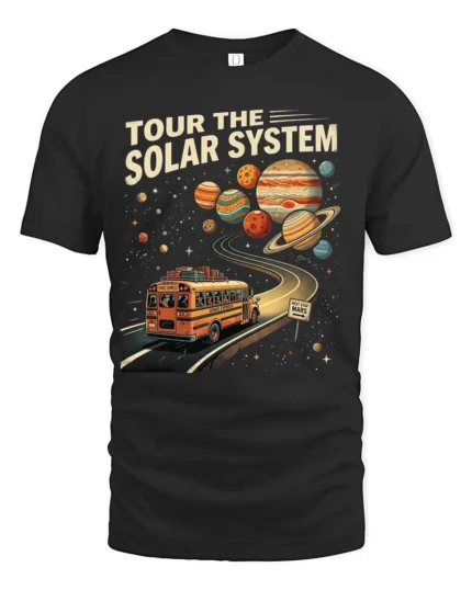 Educational Tour The Solar System Retro Bus Graphic Tee - black t-shirt on white background