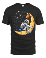 Creative Astronaut Riding Crescent Moon Space Graphic Tee - black t-shirt on white background