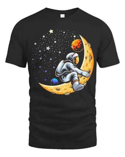 Creative Astronaut Riding Crescent Moon Space Graphic Tee - black t-shirt on white background