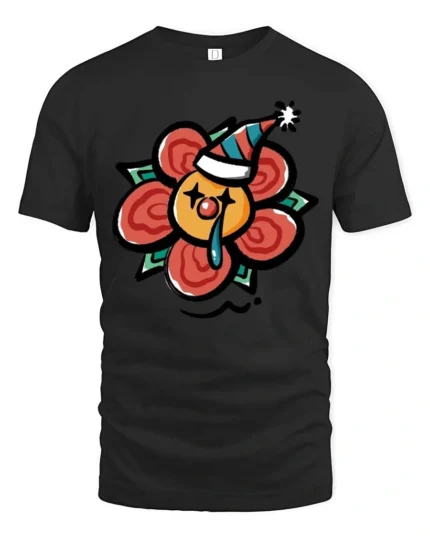 Melancholic Crying Clown Flower Party Hat Novelty Tshirt - black t-shirt on white background