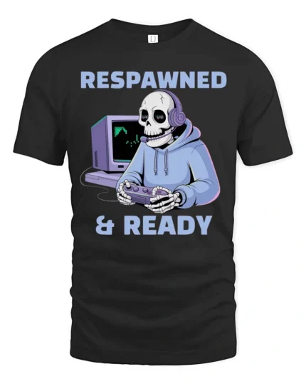 Respawned And Ready Gamer Skeleton Graphic Tee - black t-shirt on white background