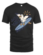 Catchy Salty Vibes Surfing Seagull Summer Graphic Tee - black t-shirt on white background